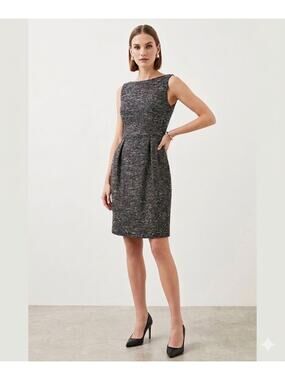 Karen Millen Gray Textured Metallic Tweed Sleeveless Pleated Shift Dress Size 6